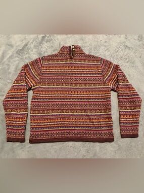 Talbots Multicolor Fair Isle Zip-Front Sweater - Burgundy, Gold, Purple